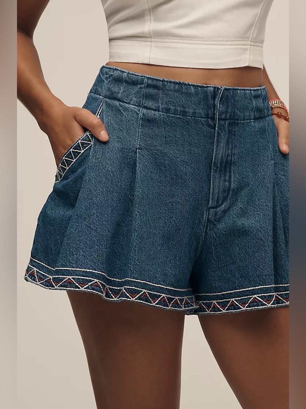 PILCRO Embroidered Pleated Denim Skirty Shorts
